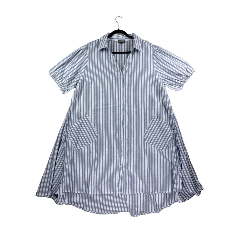 Anthropologie Meadow Rhodes Shirt Dress Size 1X Blue Stripe Puff Sleeve High-Low - Picture 2 of 9